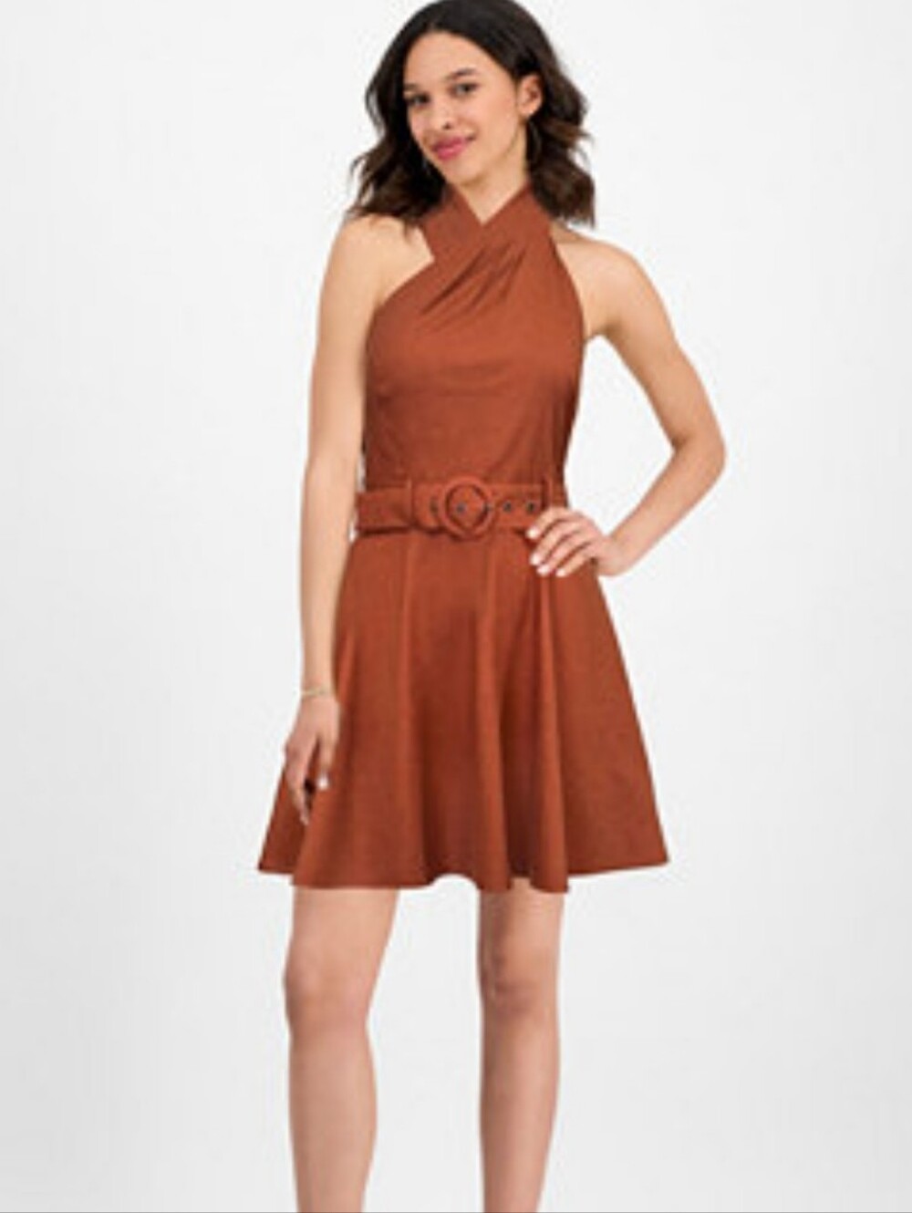 Rachel Roy Linen Blend Rust Halter Midi Dress Size 0 $139 Belted Pleated Neck